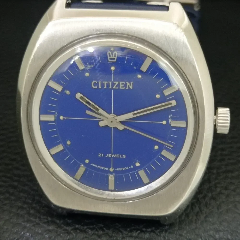 Vintage 1980 Citizen Manual Wound Mens Silver Watch & Blue accents